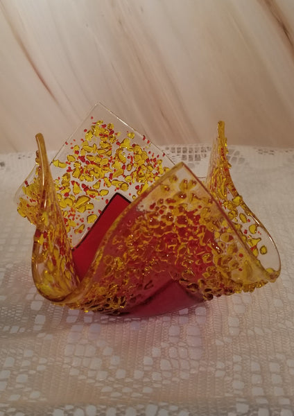 Fused Art Glass Ruby Red and Yellow Candle Holder/Tea Light