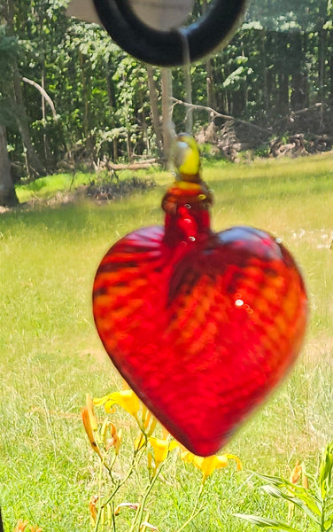 Handmade by Artisan Glass Eye Studio Red Amber Swirl Heart Ornament