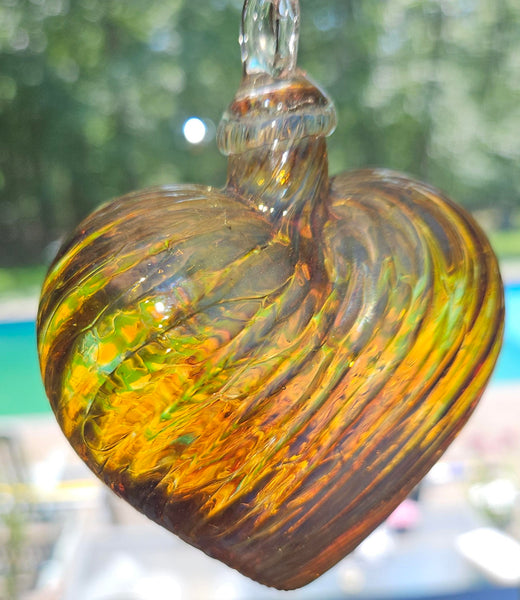Handmade by Artisan Glass Eye Studio Gold Iridescent Swirl Heart Ornament