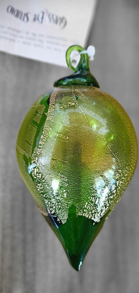 Handmade by Artisan Glass Eye Studio Green and Gold Leaf TearDrop Ornament