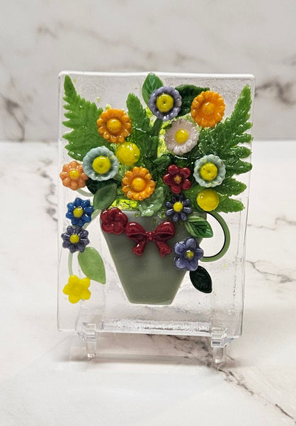 Handmade Fused Art Glass Bouquet of Flowers - Several Styles All Includes Stand