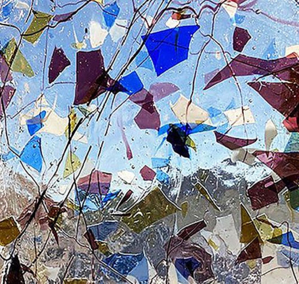 Stained Glass Supplies DG1181 - Confetti Glass Rose, Blue, White, Yellow Fractures on Clear