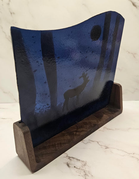Fused Art Glass Snowy Moonlit Elk in the Aspens