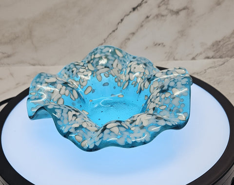 Handmade Fused Art Glass Bowl in Caribbean Blue with White and Vanilla