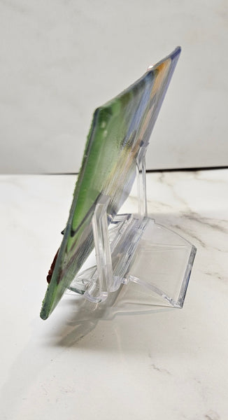 Handmade Fused Art Glass Finch on a Tree Branch With Pink Flowers Scene