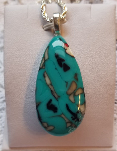 Fused Art Glass Turquoise, Vanilla, Black Mixture Pendant Necklace Teardrop