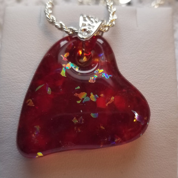 Fused Art Glass Red Dichroic Heart Pendant Necklace H2