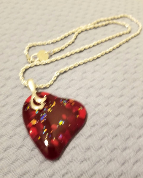 Fused Art Glass Red Dichroic Heart Pendant Necklace