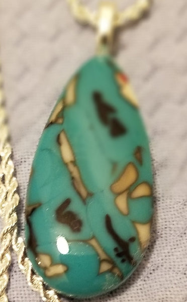 Fused Art Glass Turquoise, Vanilla, Black Mixture Pendant Necklace Teardrop