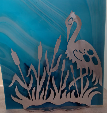 Inspirational Metal Art Display Stand For Glass - Heron Facing Left With Bulrushes Stand